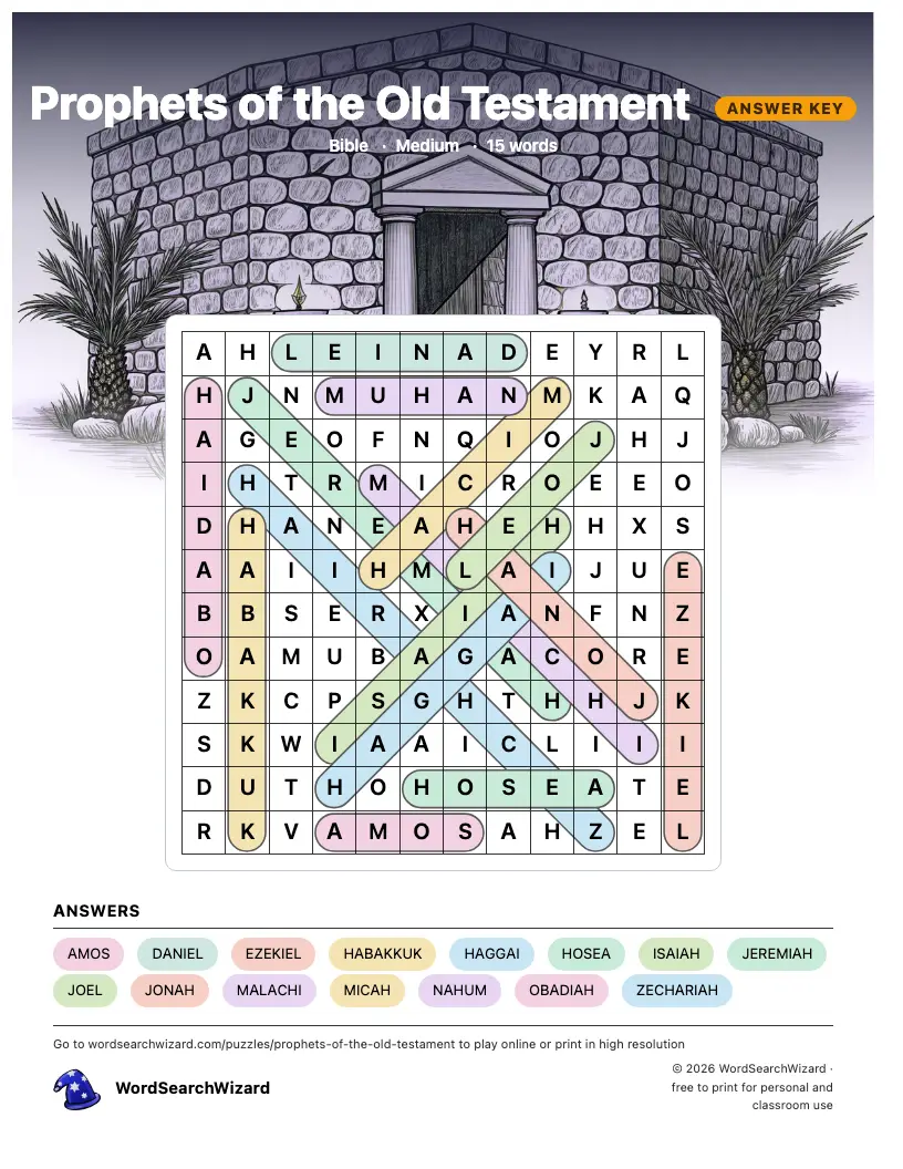 Prophets of the Old Testament word search answer key, all 15 words marked
