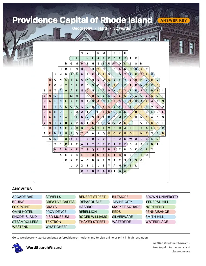 Providence Capital of Rhode Island word search answer key, all 32 words marked