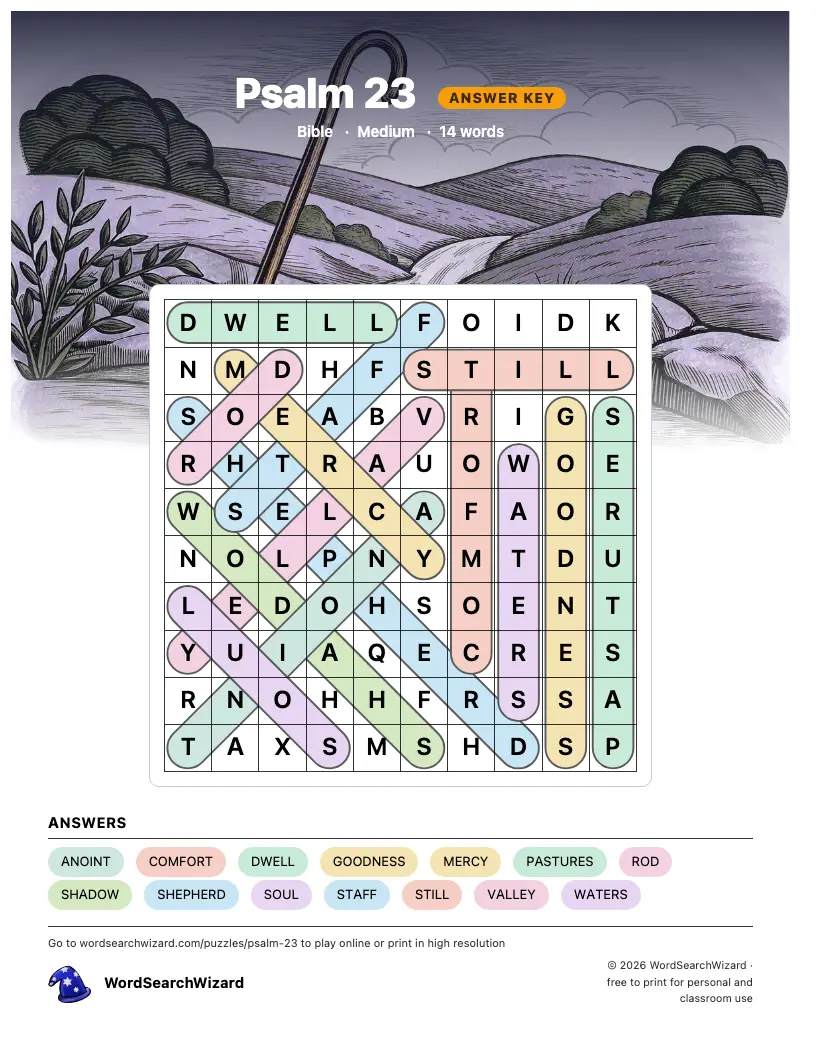 Psalm 23 word search answer key, all 14 words marked