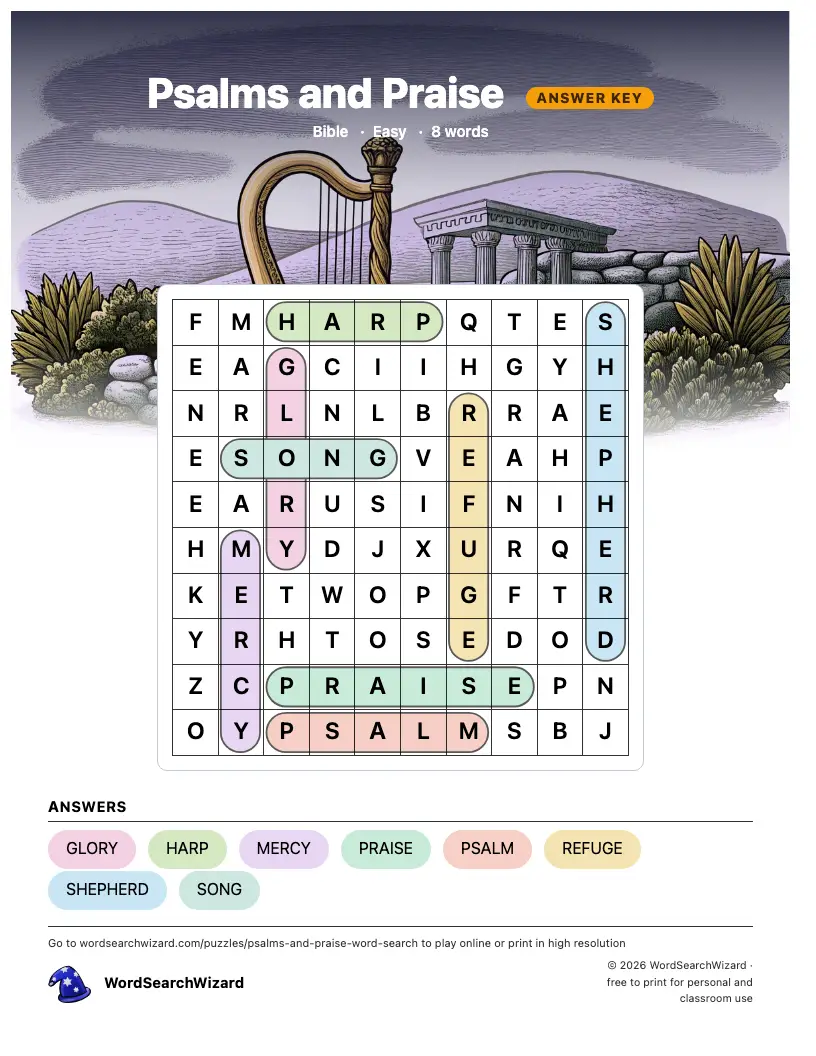 Psalms and Praise word search answer key, all 8 words marked