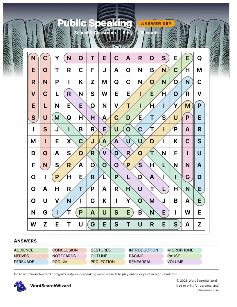 Public Speaking word search answer key, all 15 words marked