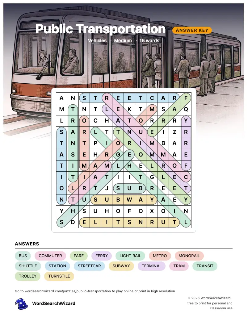 Public Transportation word search answer key, all 16 words marked