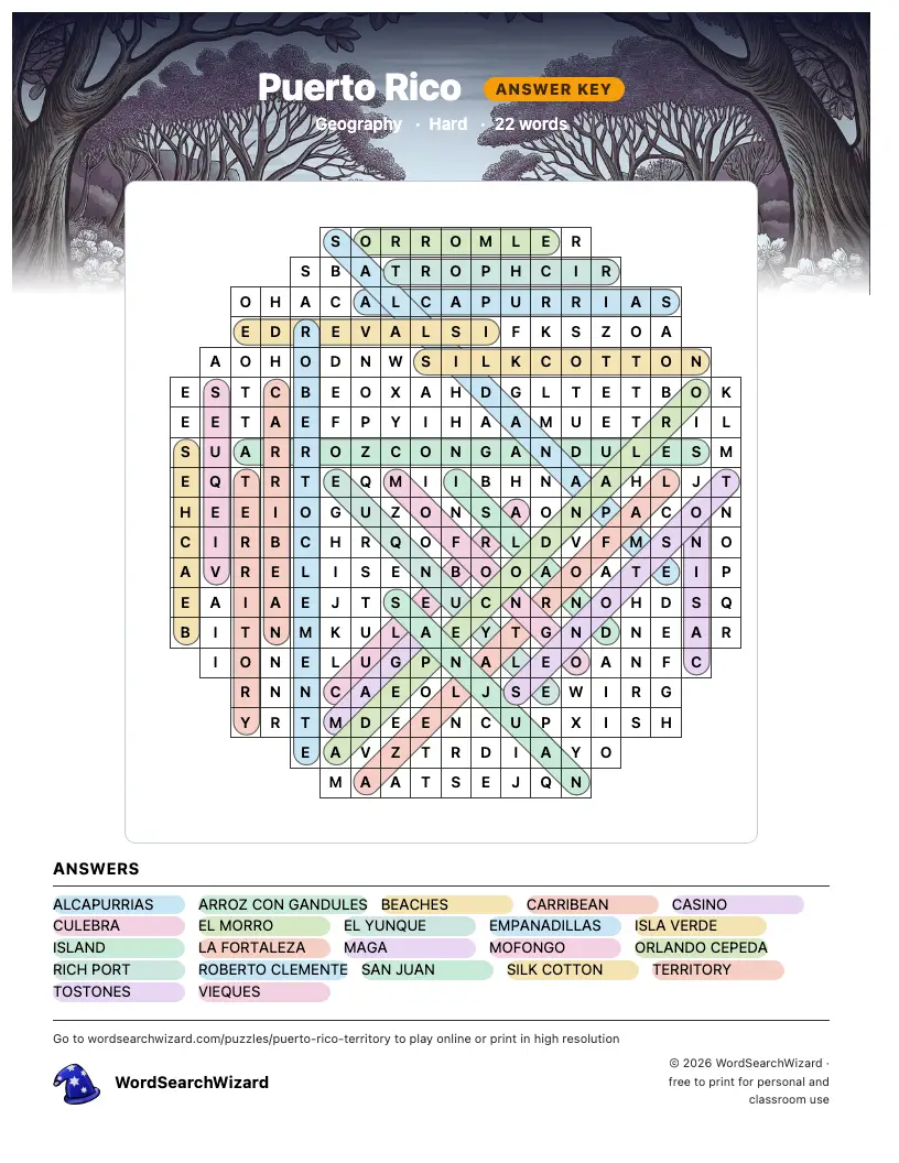 Puerto Rico word search answer key, all 22 words marked