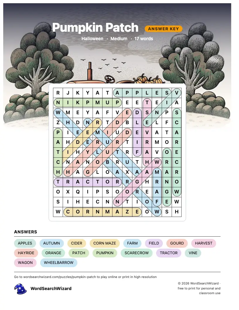 Pumpkin Patch word search answer key, all 17 words marked