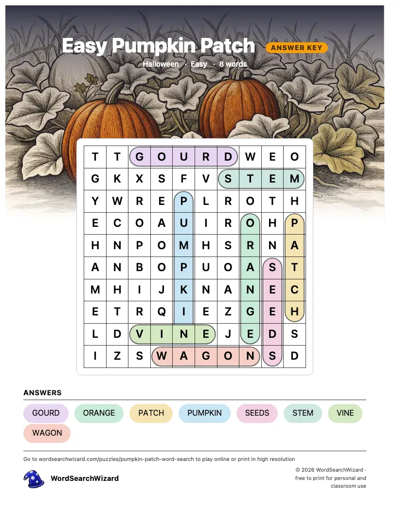 Easy Pumpkin Patch word search answer key, all 8 words marked