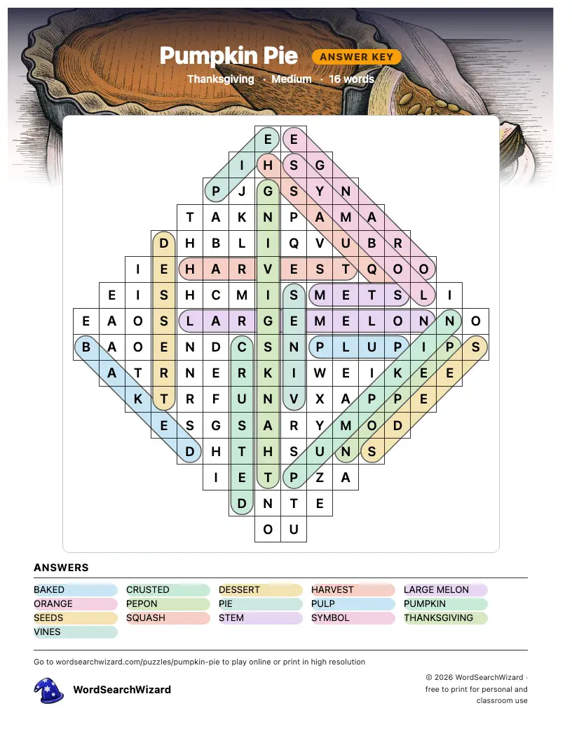 Pumpkin Pie word search answer key, all 16 words marked