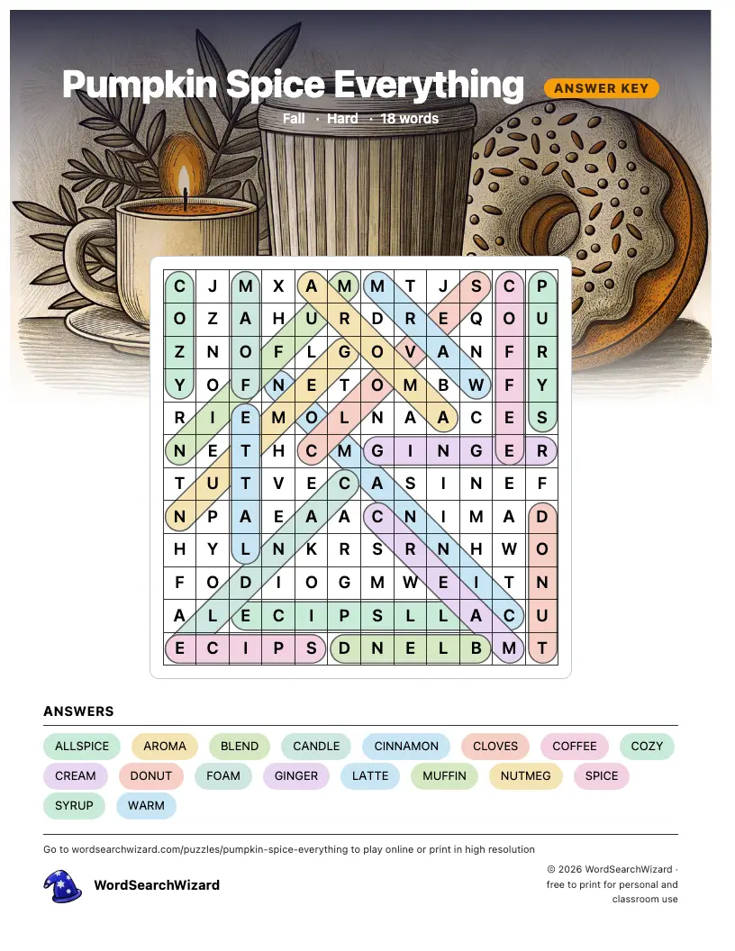 Pumpkin Spice Everything word search answer key, all 18 words marked