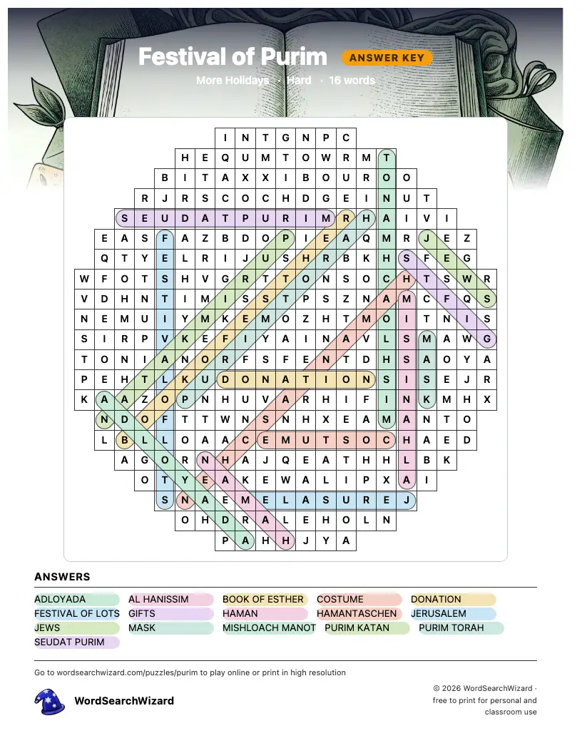 Festival of Purim word search answer key, all 16 words marked