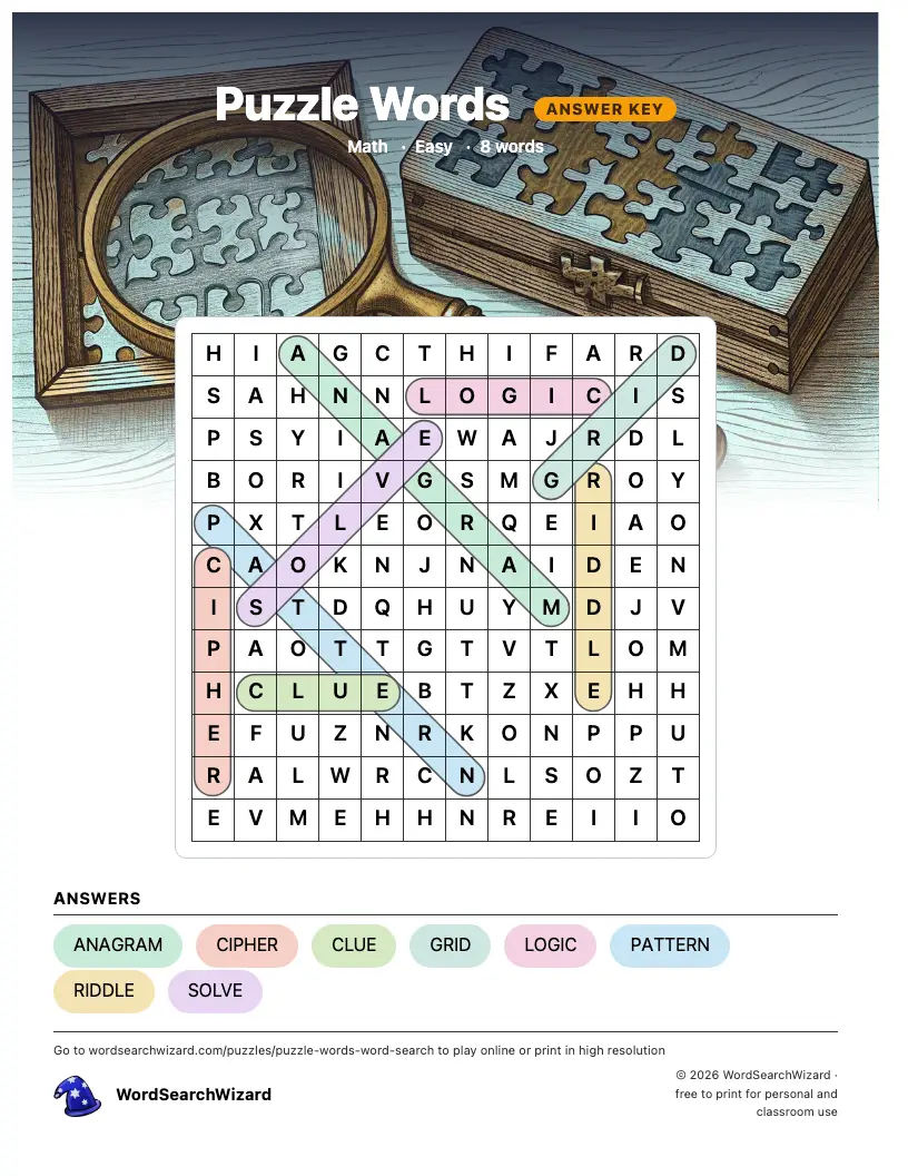 Puzzle Words word search answer key, all 8 words marked