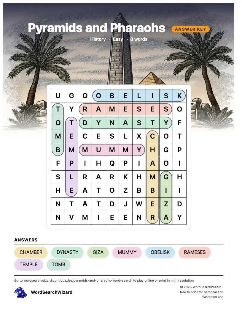 Pyramids and Pharaohs word search answer key, all 8 words marked