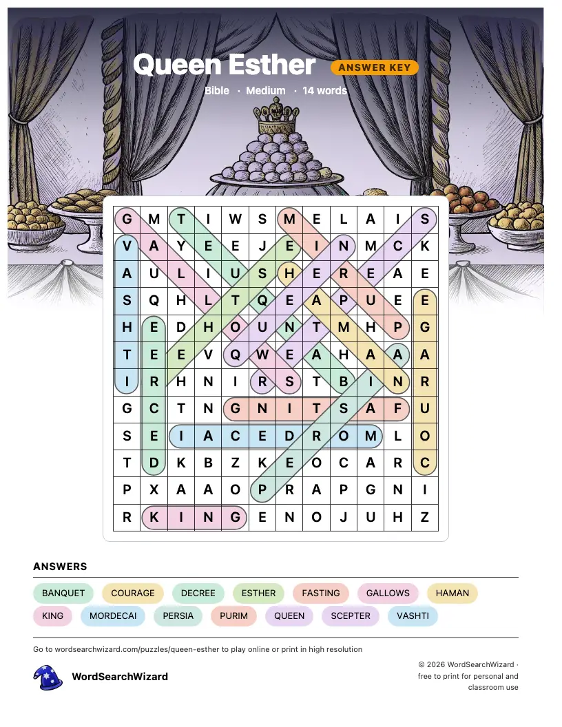 Queen Esther word search answer key, all 14 words marked