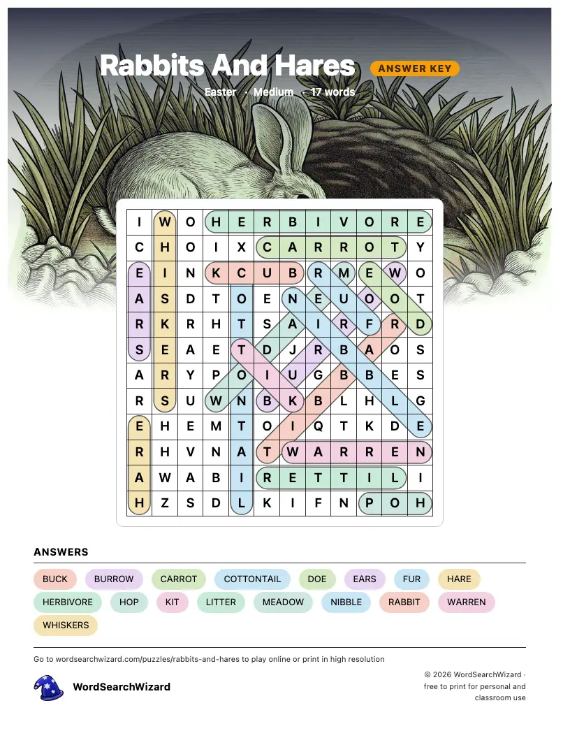 Rabbits And Hares word search answer key, all 17 words marked