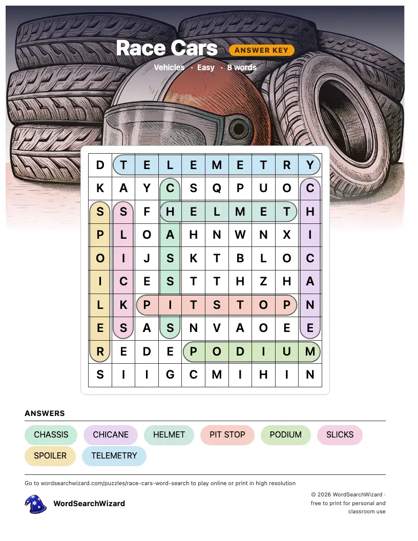 Race Cars word search answer key, all 8 words marked