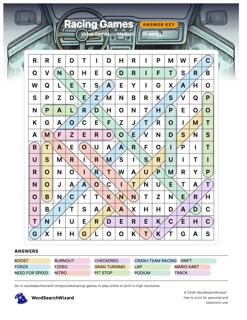 Racing Games word search answer key, all 15 words marked
