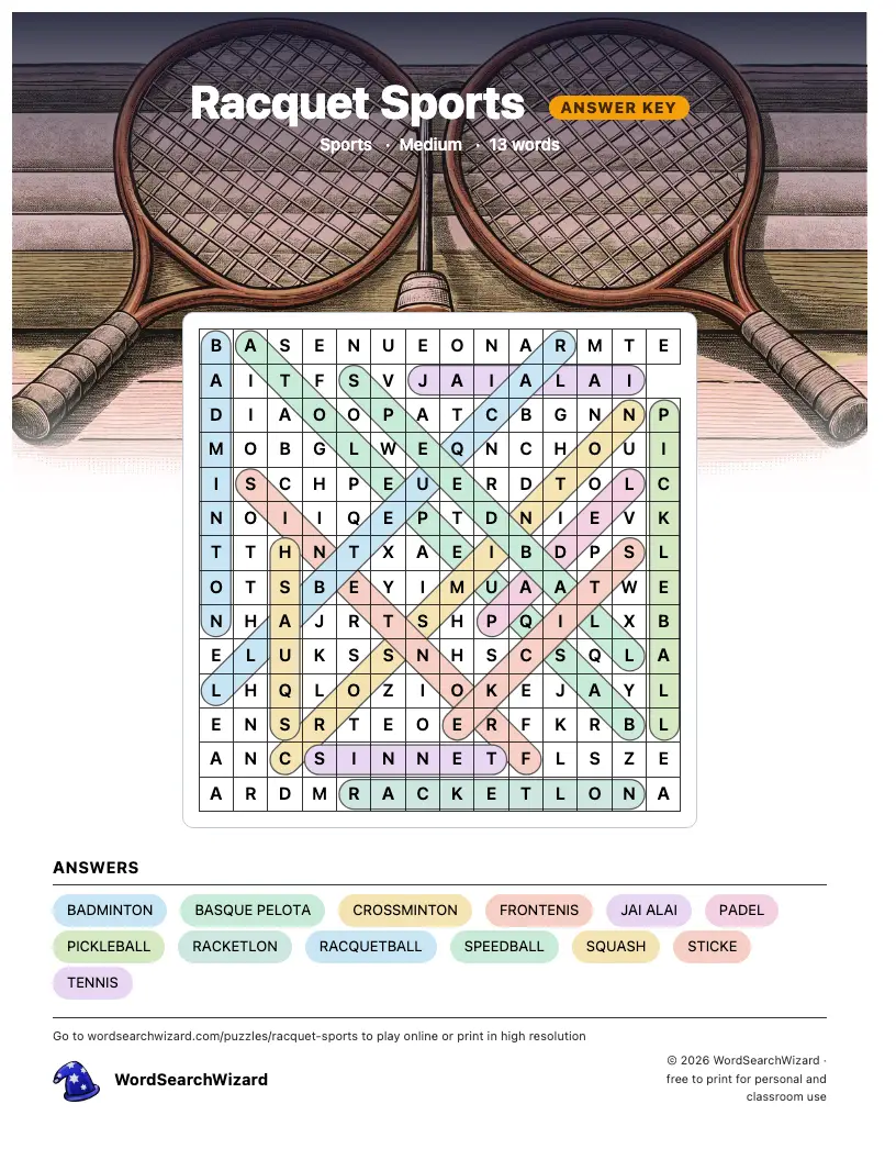 Racquet Sports word search answer key, all 13 words marked