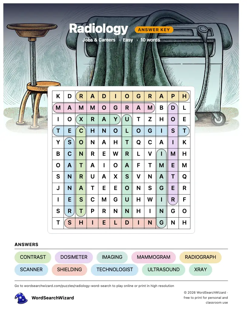 Radiology word search answer key, all 10 words marked