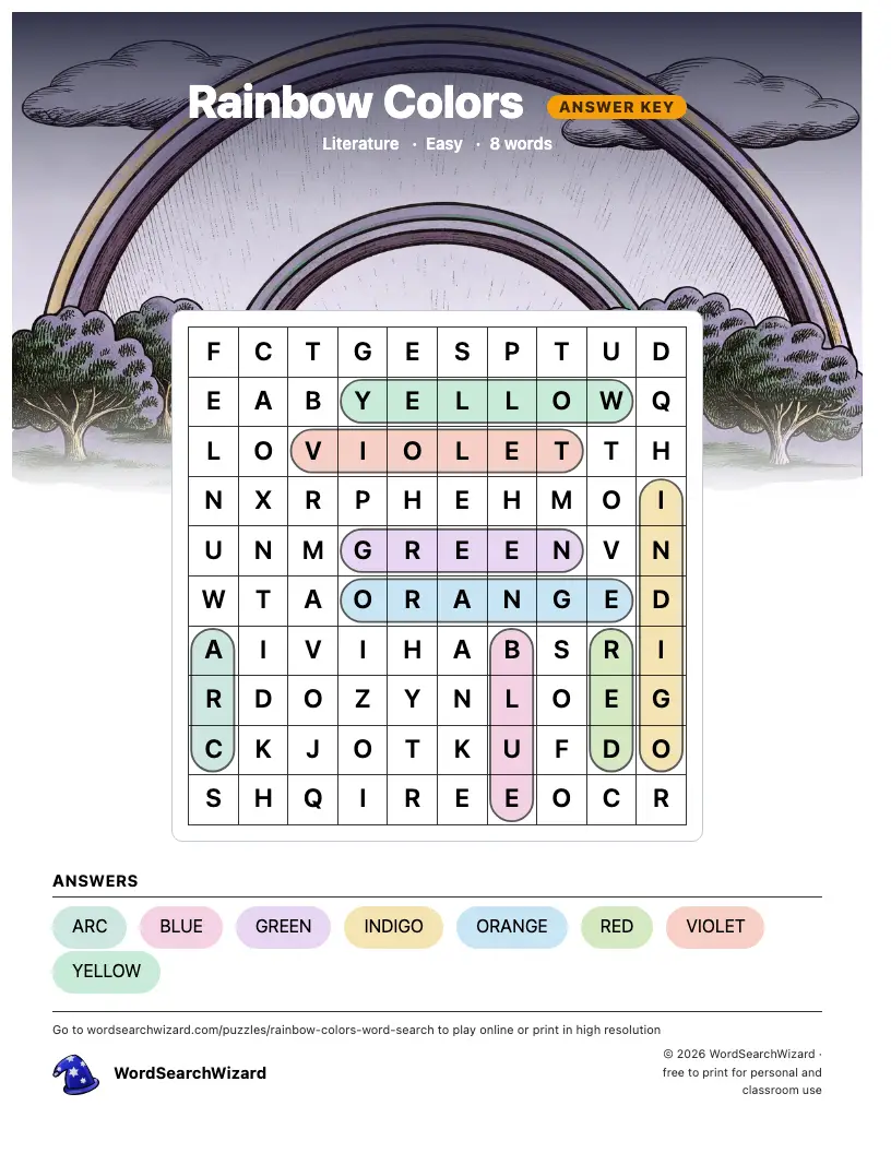Rainbow Colors word search answer key, all 8 words marked