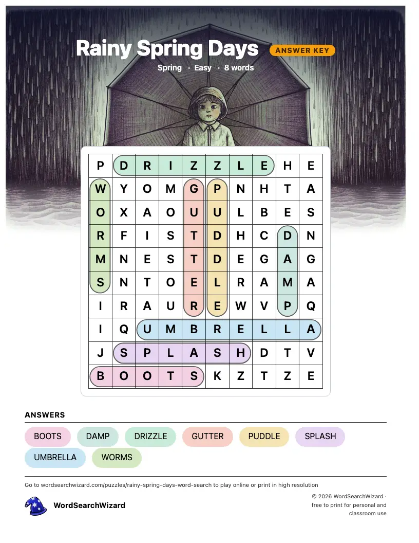 Rainy Spring Days word search answer key, all 8 words marked