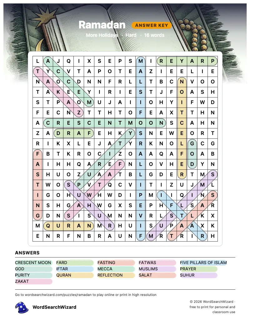 Ramadan word search answer key, all 16 words marked