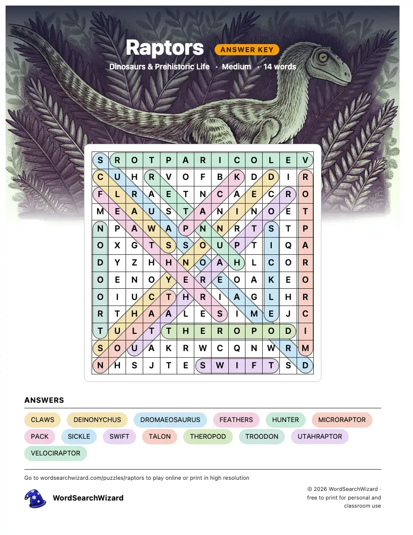 Raptors word search answer key, all 14 words marked