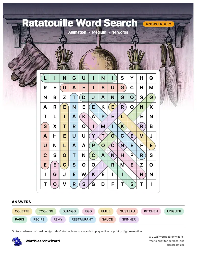 Ratatouille word search answer key, all 14 words marked