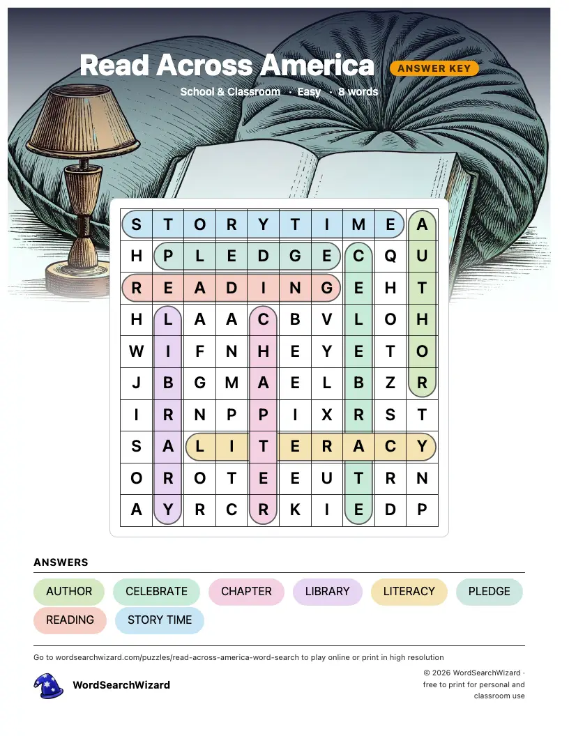 Read Across America word search answer key, all 8 words marked