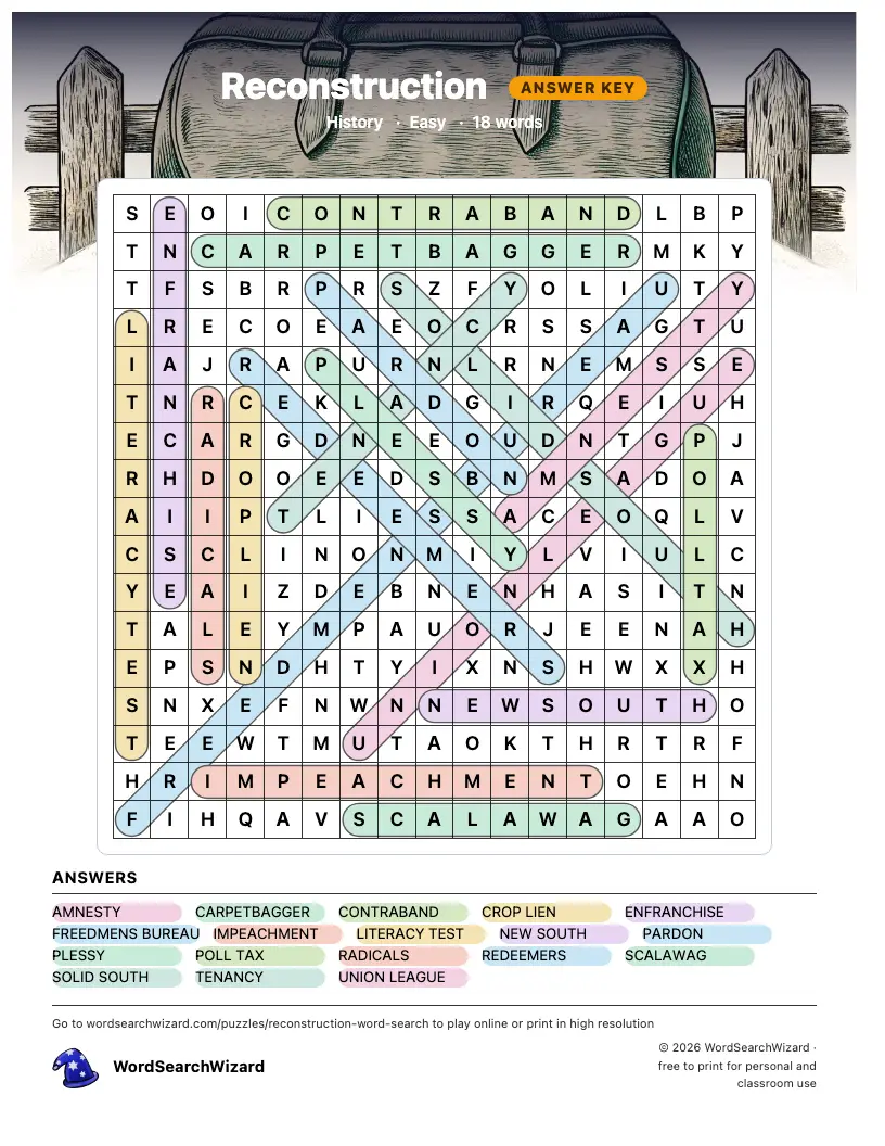 Reconstruction word search answer key, all 18 words marked