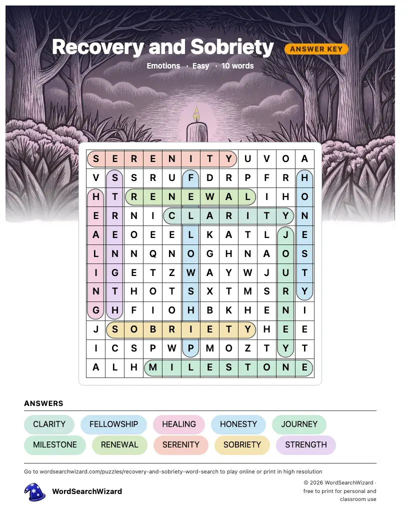 Recovery and Sobriety word search answer key, all 10 words marked
