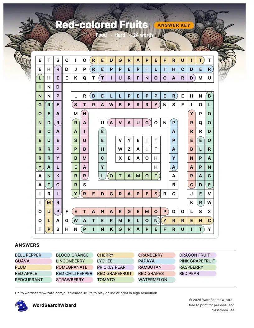 Red-colored Fruits word search answer key, all 24 words marked