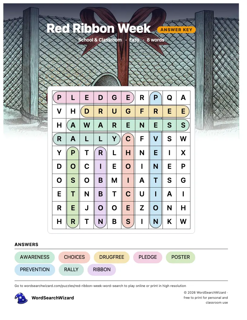 Red Ribbon Week word search answer key, all 8 words marked