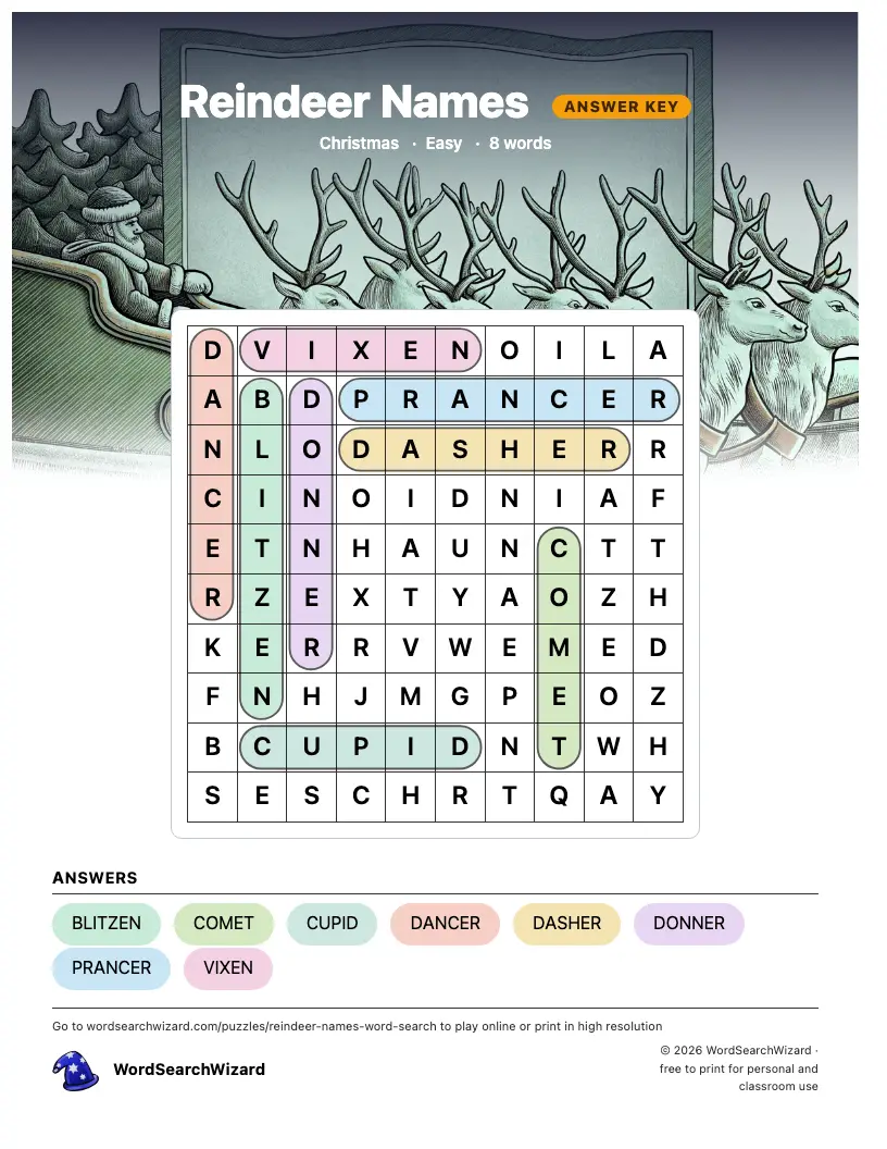 Reindeer Names word search answer key, all 8 words marked