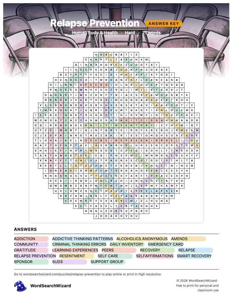 Relapse Prevention word search answer key, all 21 words marked