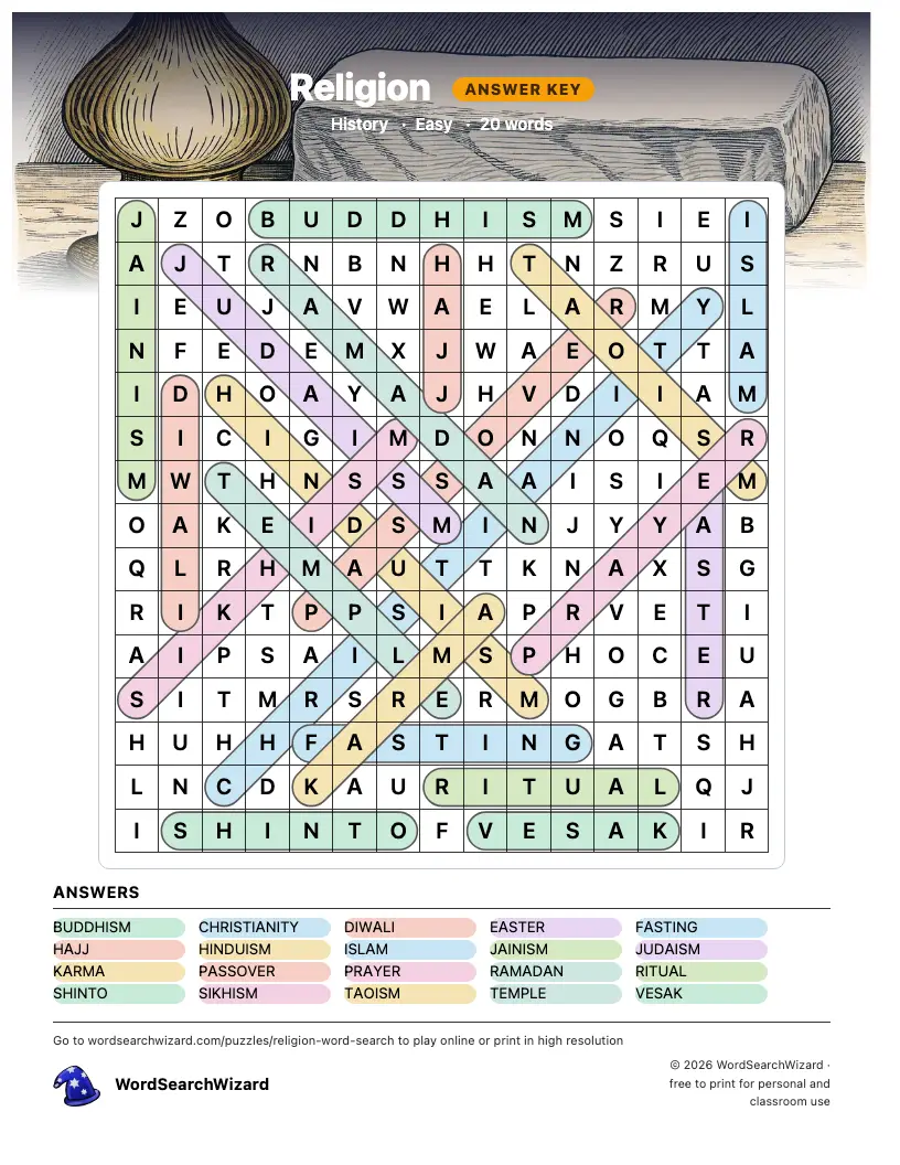 Religion word search answer key, all 20 words marked