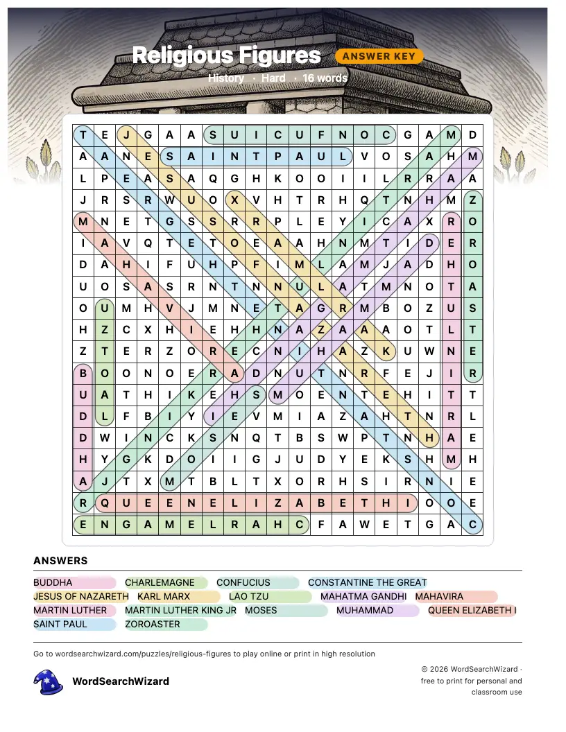 Religious Figures word search answer key, all 16 words marked