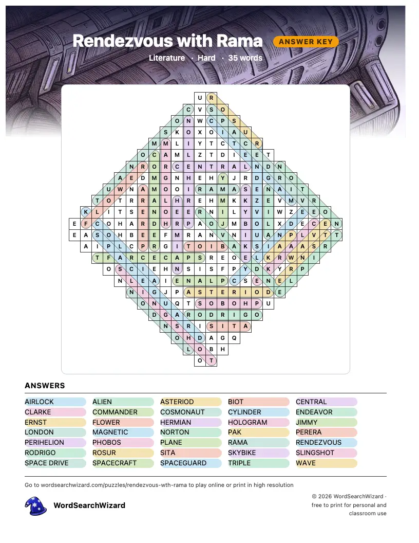 Rendezvous with Rama word search answer key, all 35 words marked