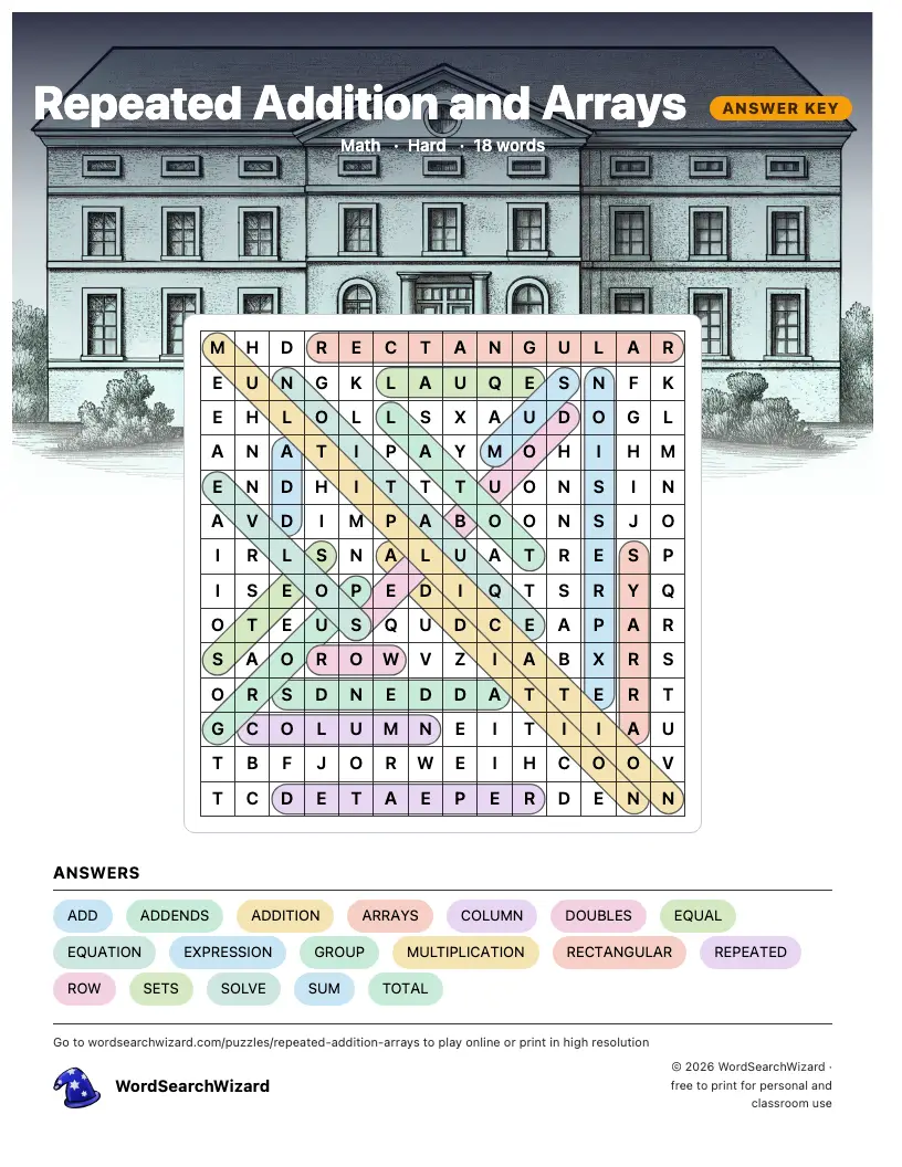 Repeated Addition and Arrays word search answer key, all 18 words marked