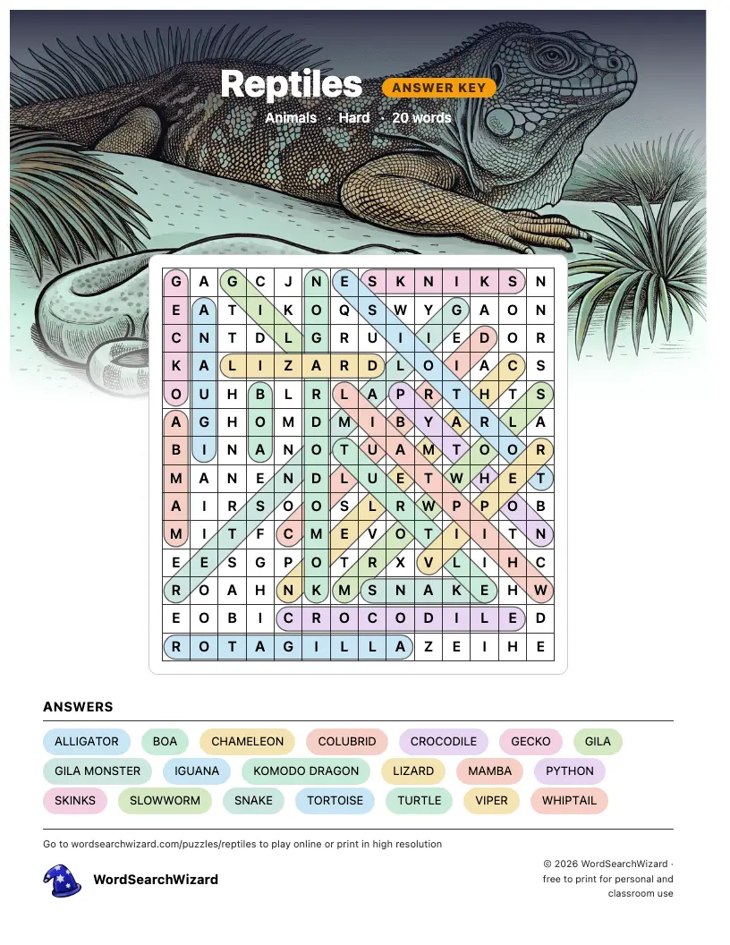 Reptiles word search answer key, all 20 words marked