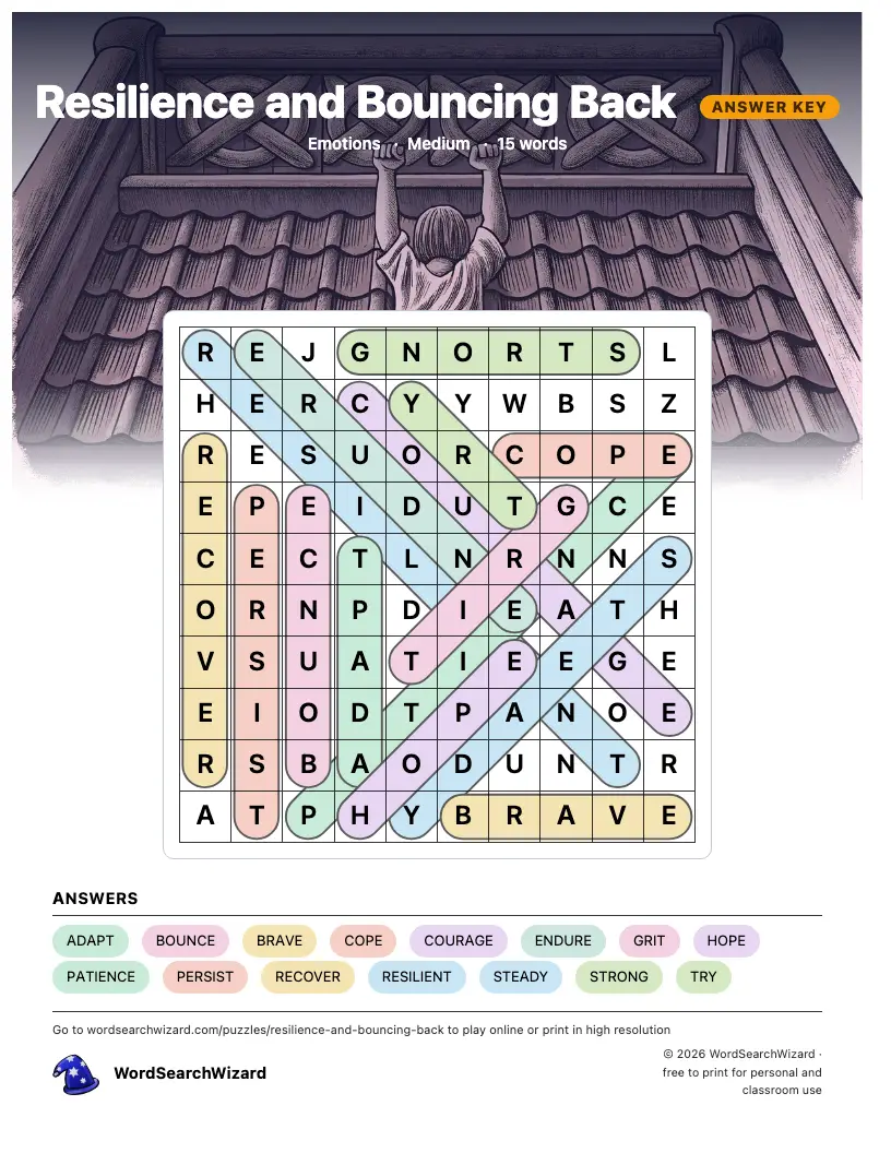 Resilience and Bouncing Back word search answer key, all 15 words marked