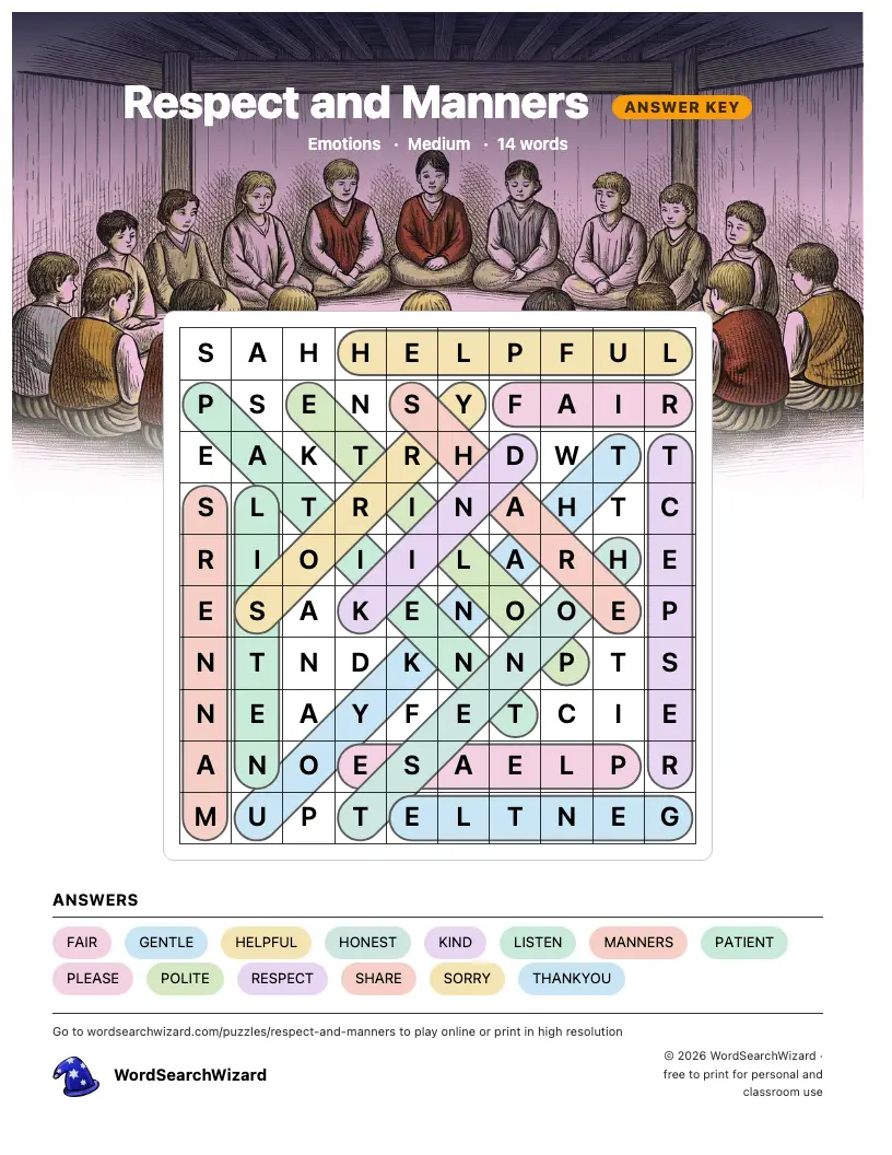 Respect and Manners word search answer key, all 14 words marked