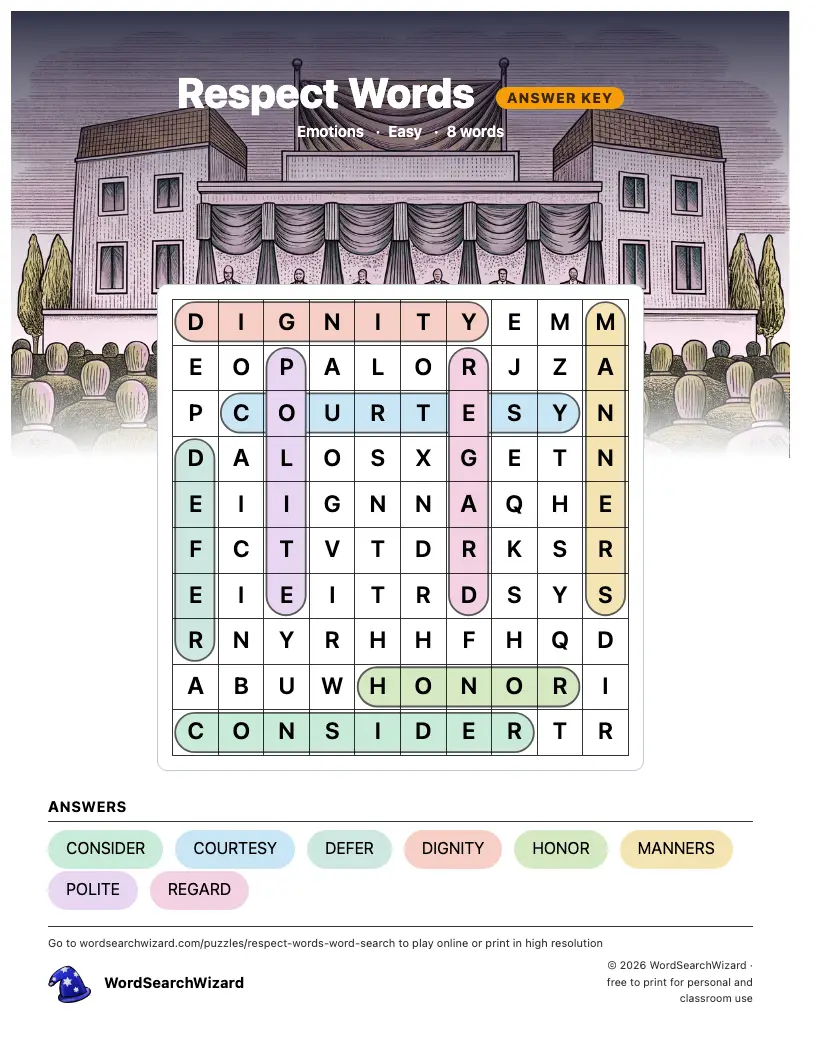 Respect Words word search answer key, all 8 words marked
