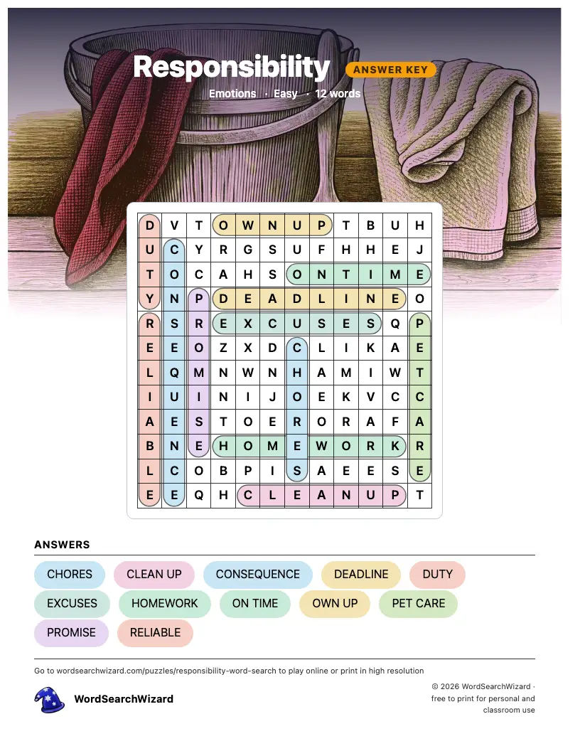 Responsibility word search answer key, all 12 words marked