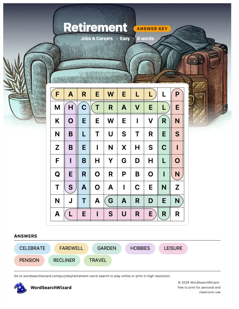 Retirement word search answer key, all 8 words marked