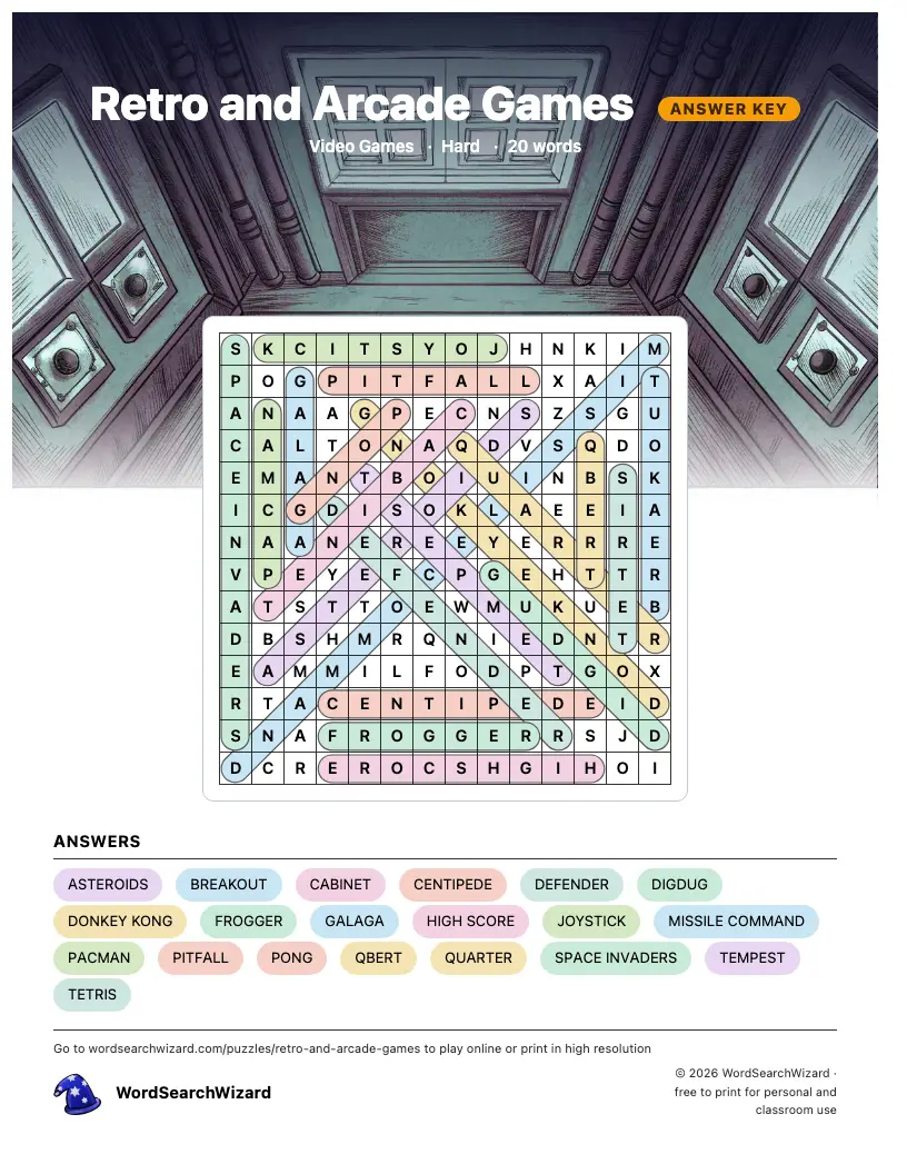 Retro and Arcade Games word search answer key, all 20 words marked