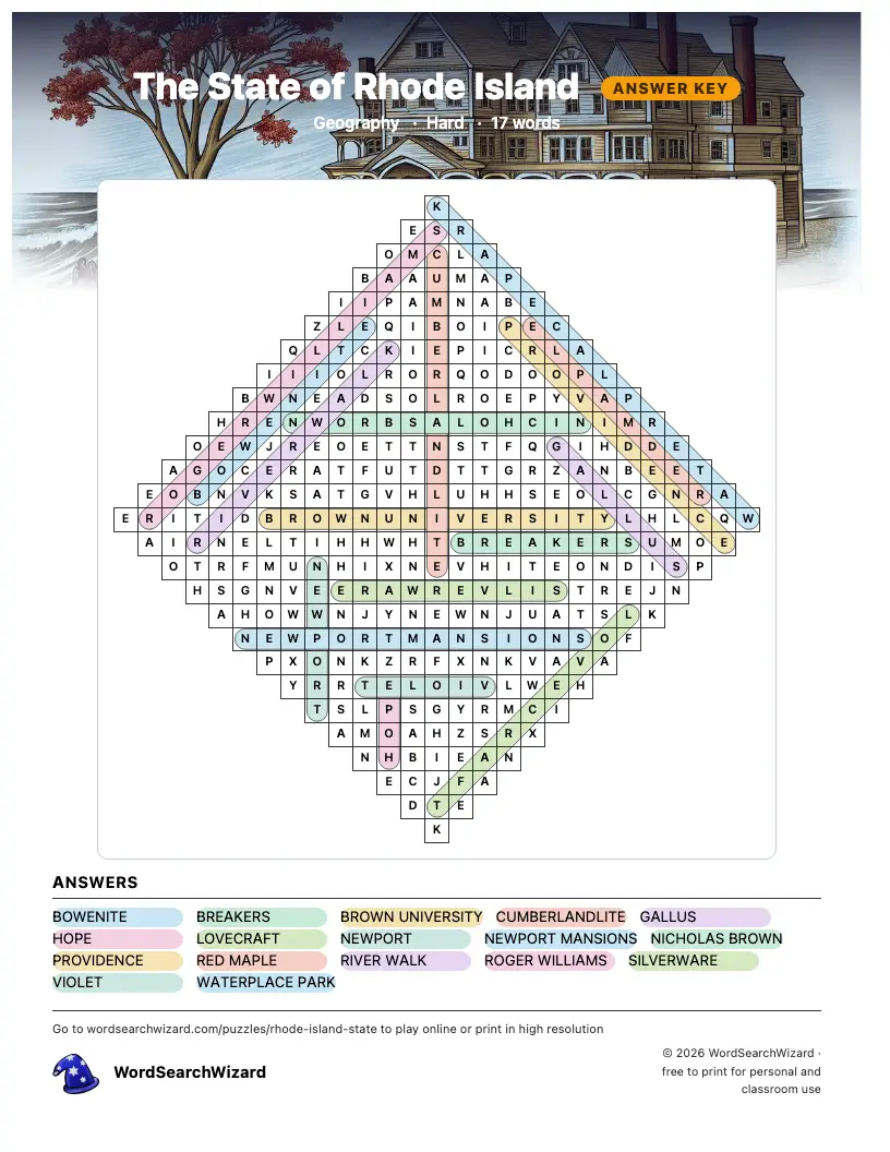 The State of Rhode Island word search answer key, all 17 words marked