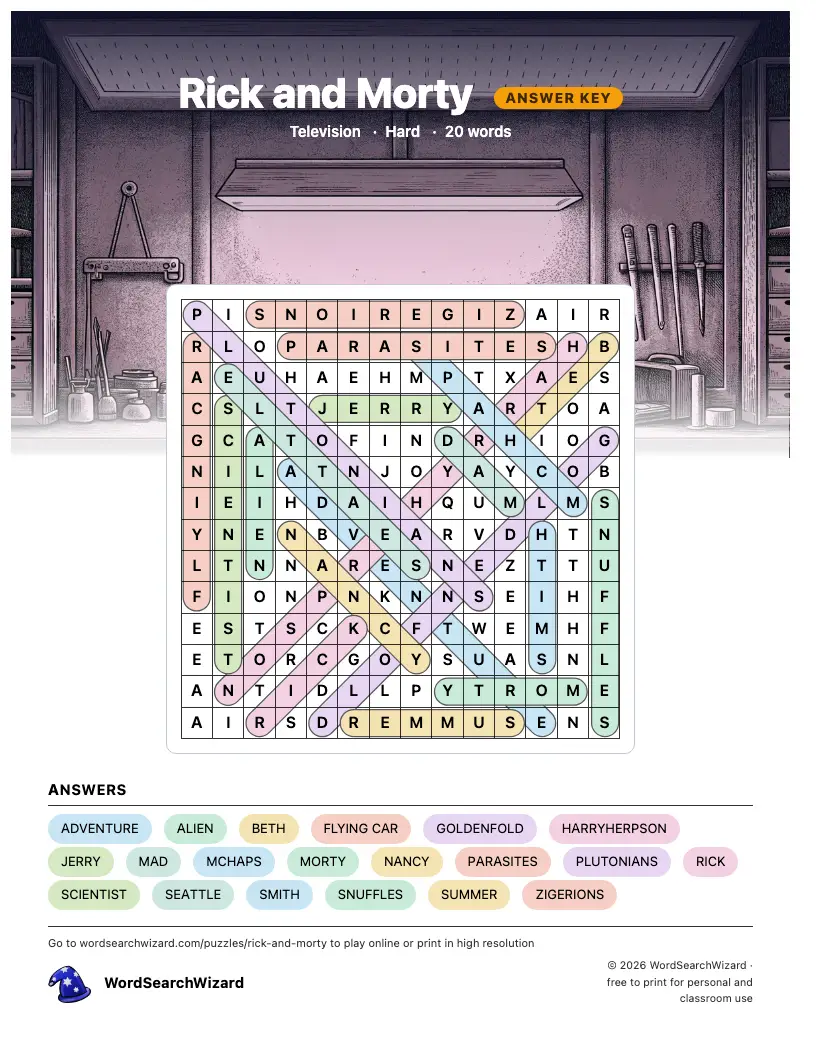 Rick and Morty word search answer key, all 20 words marked