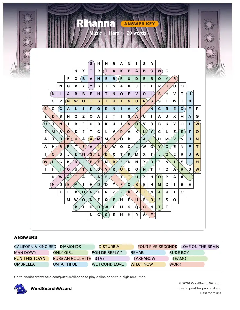 Rihanna word search answer key, all 20 words marked
