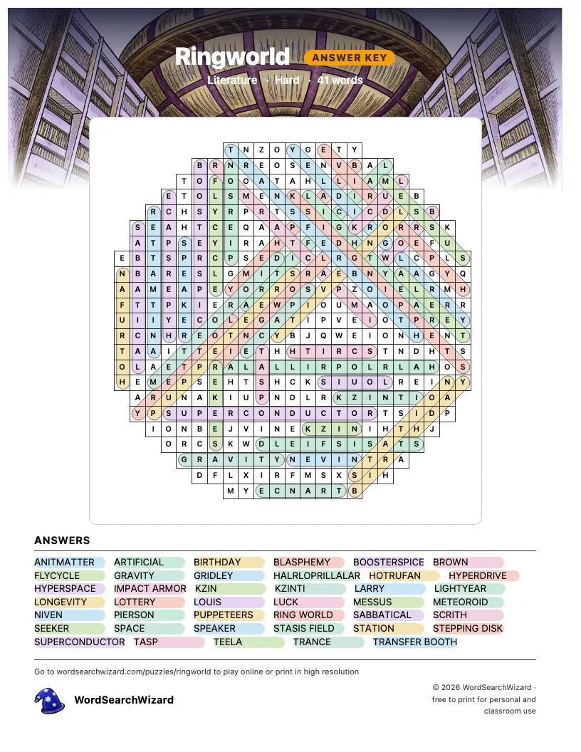 Ringworld word search answer key, all 41 words marked