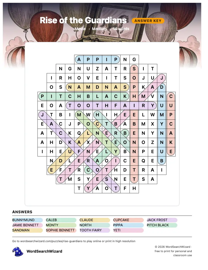Rise of the Guardians word search answer key, all 14 words marked