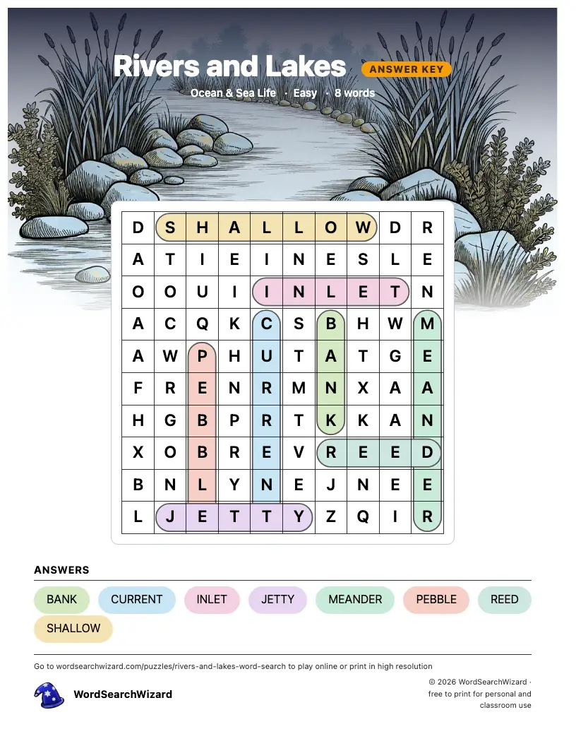Rivers and Lakes word search answer key, all 8 words marked