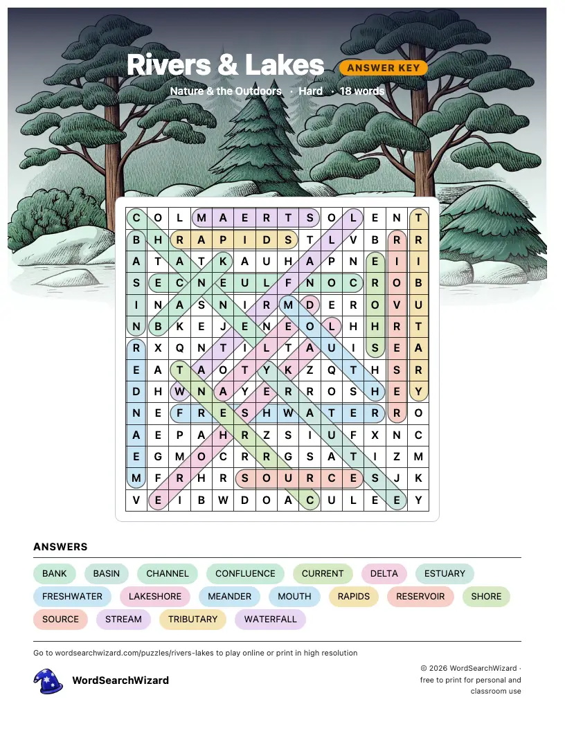 Rivers & Lakes word search answer key, all 18 words marked